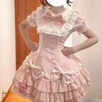 Japanese Sweet Lolita Kawaii Short Dress Women Pink Princess Y2k Bow Ruches Slim Dresses Female Korea Style Design Chic