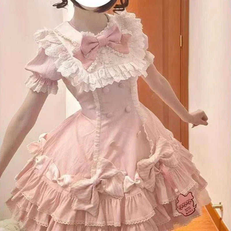 Japanese Sweet Lolita Kawaii Short Dress Women Pink Princess Y2k Bow Ruches Slim Dresses Female Korea Style Design Chic