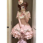 Japanese Sweet Lolita Kawaii Short Dress Women Pink Princess Y2k Bow Ruches Slim Dresses Female Korea Style Design Chic