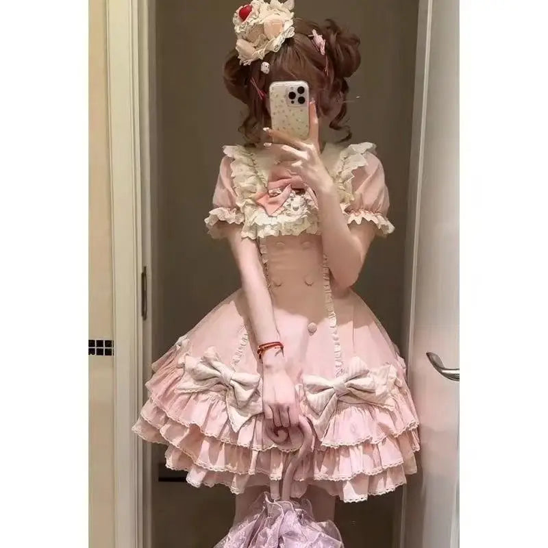 Japanese Sweet Lolita Kawaii Short Dress Women Pink Princess Y2k Bow Ruches Slim Dresses Female Korea Style Design Chic