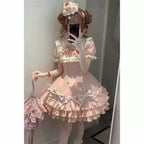Japanese Sweet Lolita Kawaii Short Dress Women Pink Princess Y2k Bow Ruches Slim Dresses Female Korea Style Design Chic