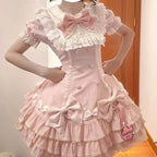 Japanese Sweet Lolita Kawaii Short Dress Women Pink Princess Y2k Bow Ruches Slim Dresses Female Korea Style Design Chic