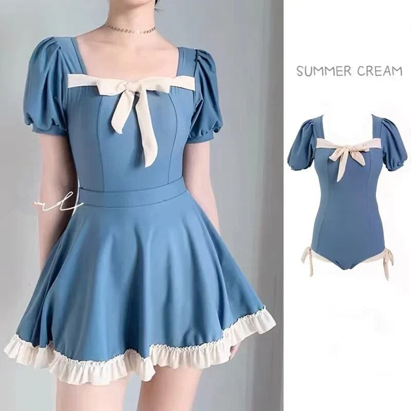 New Korean Style Sweet Bikini Womens One Piece Cute Slim Fit Monokini Swimsuit Sunblock Beach Wear Bodysuit Dress