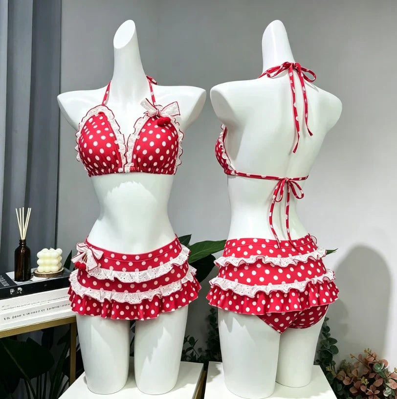 Sweet Korean Vintage Two Piece Swimsuit Ladies Kawaii Ruffle Halter Floral Bikini Summer Beach Casual Wear