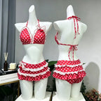 Sweet Korean Vintage Two Piece Swimsuit Ladies Kawaii Ruffle Halter Floral Bikini Summer Beach Casual Wear