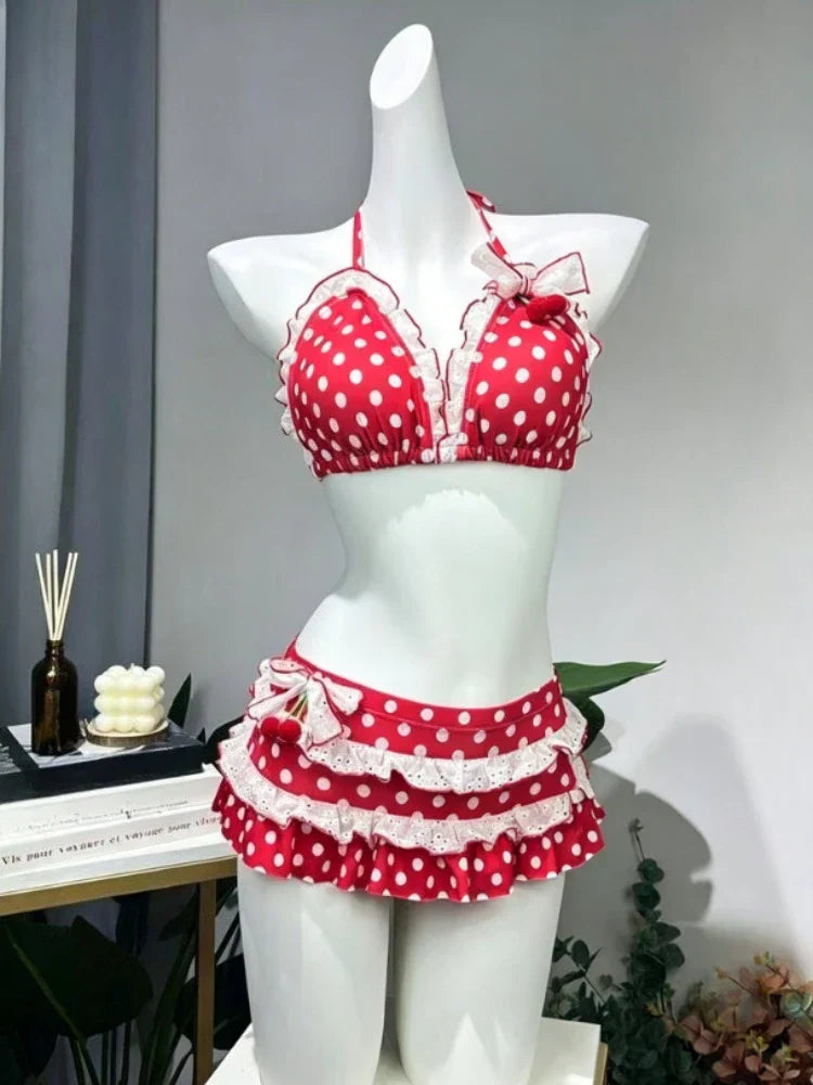 Sweet Korean Vintage Two Piece Swimsuit Ladies Kawaii Ruffle Halter Floral Bikini Summer Beach Casual Wear