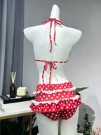 Sweet Korean Vintage Two Piece Swimsuit Ladies Kawaii Ruffle Halter Floral Bikini Summer Beach Casual Wear