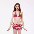 Sweet Korean Vintage Two Piece Swimsuit Ladies Kawaii Ruffle Halter Floral Bikini Summer Beach Casual Wear