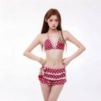 Sweet Korean Vintage Two Piece Swimsuit Ladies Kawaii Ruffle Halter Floral Bikini Summer Beach Casual Wear