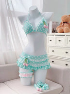 Sweet Korean Vintage Two Piece Swimsuit Ladies Kawaii Ruffle Halter Floral Bikini Summer Beach Casual Wear - Blue / S
