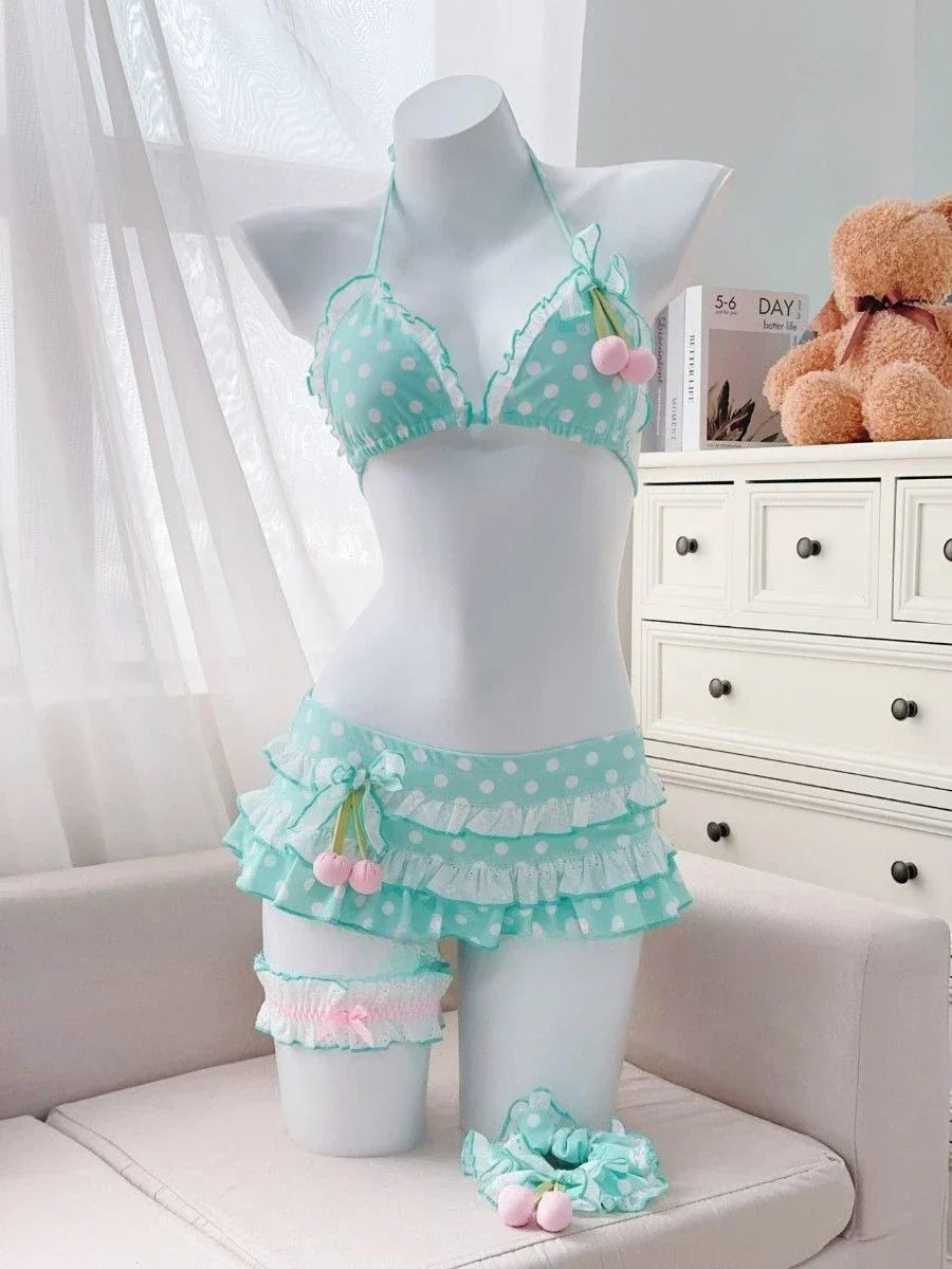 Sweet Korean Vintage Two Piece Swimsuit Ladies Kawaii Ruffle Halter Floral Bikini Summer Beach Casual Wear - Blue / S