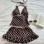 Sweet Korean Vintage Two Piece Swimsuit Ladies Kawaii Ruffle Halter Floral Bikini Summer Beach Casual Wear - Brown / M