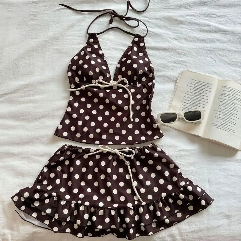 Sweet Korean Vintage Two Piece Swimsuit Ladies Kawaii Ruffle Halter Floral Bikini Summer Beach Casual Wear - Brown / M