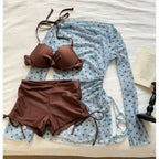 Sweet Korean Vintage Two Piece Swimsuit Ladies Kawaii Ruffle Halter Floral Bikini Summer Beach Casual Wear - Dark Brown