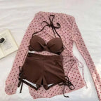 Sweet Korean Vintage Two Piece Swimsuit Ladies Kawaii Ruffle Halter Floral Bikini Summer Beach Casual Wear - Dark pink