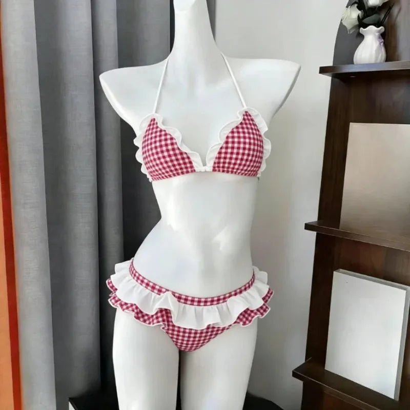 Sweet Korean Vintage Two Piece Swimsuit Ladies Kawaii Ruffle Halter Floral Bikini Summer Beach Casual Wear - Dark Red