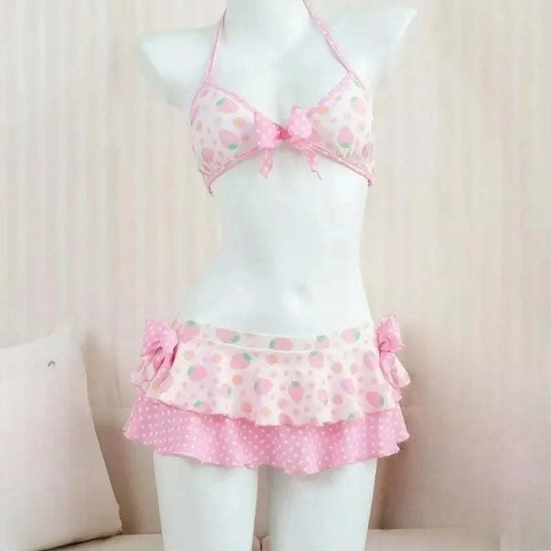 Sweet Korean Vintage Two Piece Swimsuit Ladies Kawaii Ruffle Halter Floral Bikini Summer Beach Casual Wear - Pink / M