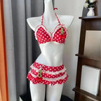 Sweet Korean Vintage Two Piece Swimsuit Ladies Kawaii Ruffle Halter Floral Bikini Summer Beach Casual Wear - Red / M
