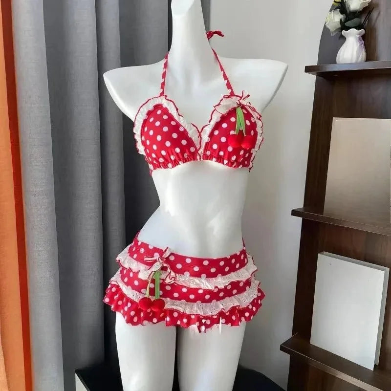 Sweet Korean Vintage Two Piece Swimsuit Ladies Kawaii Ruffle Halter Floral Bikini Summer Beach Casual Wear - Red / M
