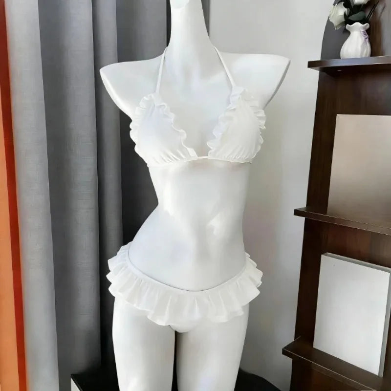 Sweet Korean Vintage Two Piece Swimsuit Ladies Kawaii Ruffle Halter Floral Bikini Summer Beach Casual Wear - White / L
