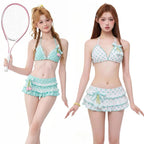 New Women Y2k Style Sweet Bikini Set Japanese Kawaii Print Ruffles Lolita Swimsuit Crop Top Skirt Two Piece Swimwear