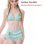 New Women Y2k Style Sweet Bikini Set Japanese Kawaii Print Ruffles Lolita Swimsuit Crop Top Skirt Two Piece Swimwear