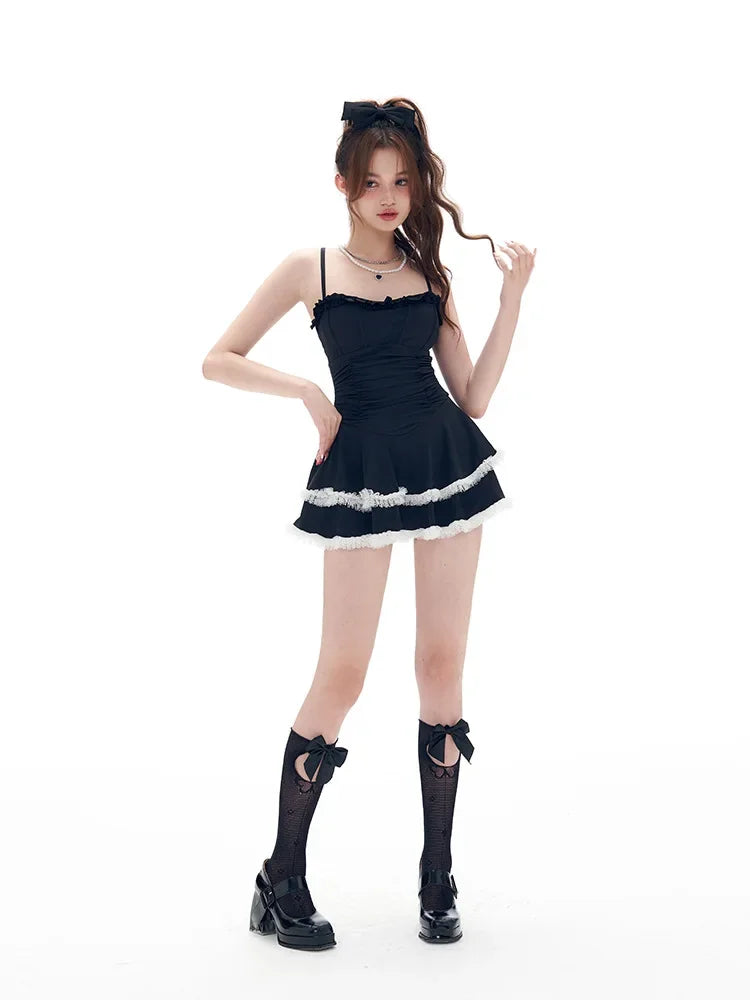 Gothic Lolita Ruffle One Piece Swimsuit Sweet Girls Bathing Suit Slip Dress Halter Bikini Set Hot Spring Swimwear