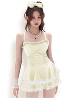 Gothic Lolita Ruffle One Piece Swimsuit Sweet Girls Bathing Suit Slip Dress Halter Bikini Set Hot Spring Swimwear