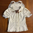 Japanese Kawaii Lolita Shirts Women Sweet Ruffles Puff Short Sleeve Slim Blouses Female Y2K Lace Bow Cute Tops Blusas