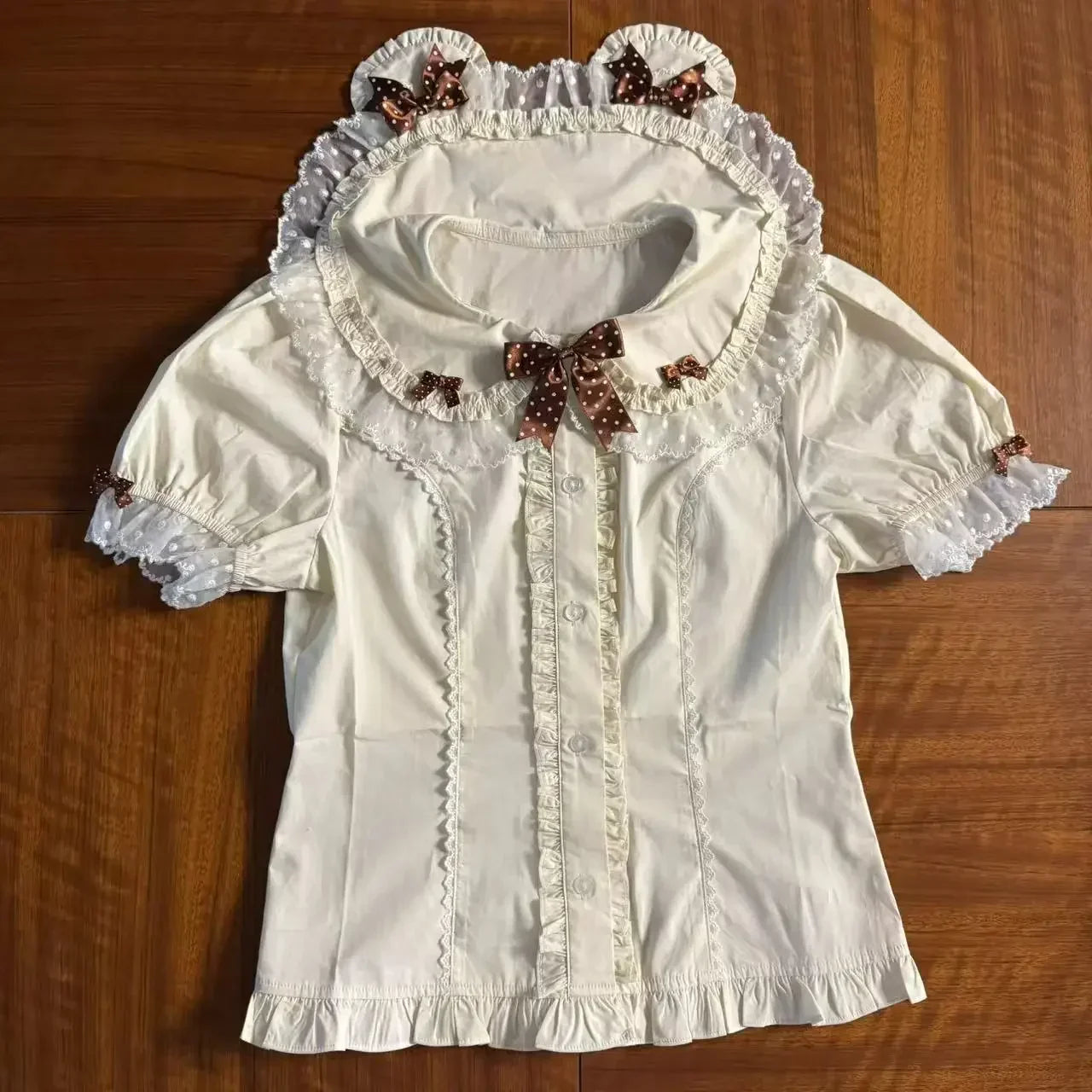 Japanese Kawaii Lolita Shirts Women Sweet Ruffles Puff Short Sleeve Slim Blouses Female Y2K Lace Bow Cute Tops Blusas