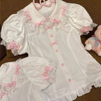 Japanese Kawaii Lolita Shirts Women Sweet Ruffles Puff Short Sleeve Slim Blouses Female Y2K Lace Bow Cute Tops Blusas