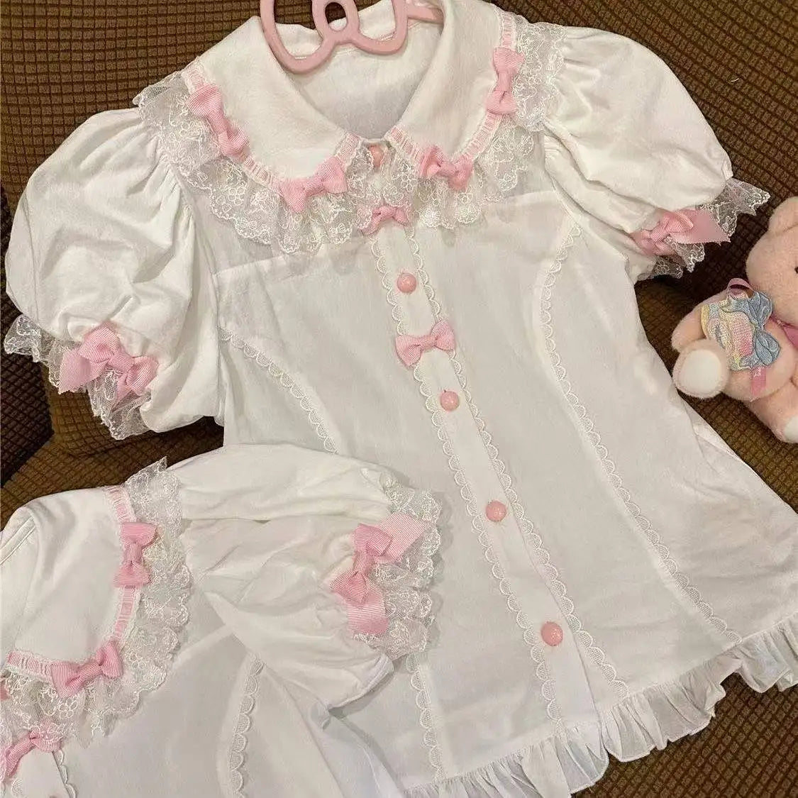 Japanese Kawaii Lolita Shirts Women Sweet Ruffles Puff Short Sleeve Slim Blouses Female Y2K Lace Bow Cute Tops Blusas