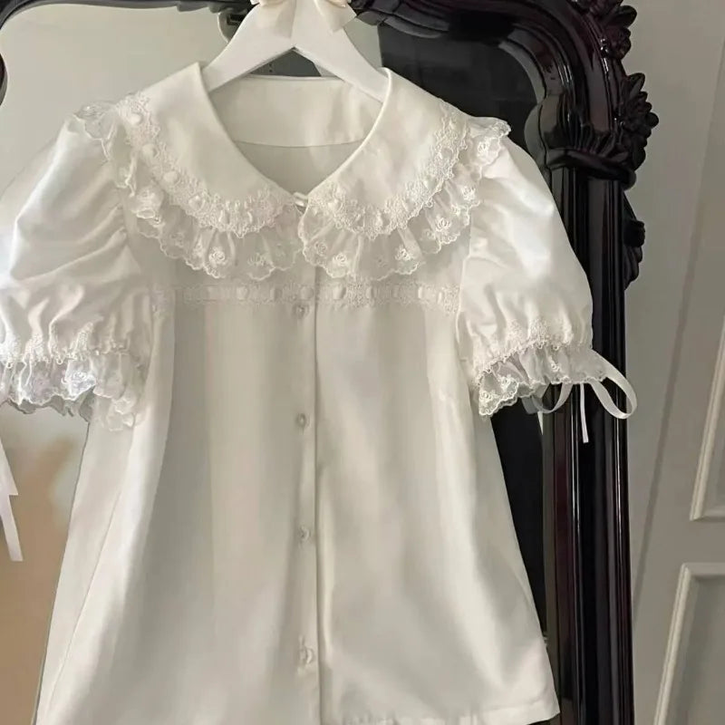 Japanese Kawaii Lolita Shirts Women Sweet Ruffles Puff Short Sleeve Slim Blouses Female Y2K Lace Bow Cute Tops Blusas
