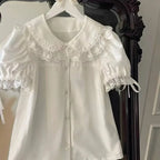 Japanese Kawaii Lolita Shirts Women Sweet Ruffles Puff Short Sleeve Slim Blouses Female Y2K Lace Bow Cute Tops Blusas