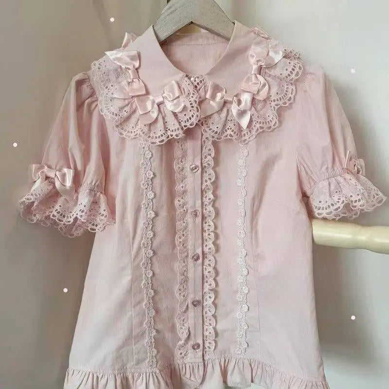 Japanese Kawaii Lolita Shirts Women Sweet Ruffles Puff Short Sleeve Slim Blouses Female Y2K Lace Bow Cute Tops Blusas