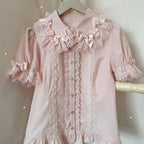 Japanese Kawaii Lolita Shirts Women Sweet Ruffles Puff Short Sleeve Slim Blouses Female Y2K Lace Bow Cute Tops Blusas