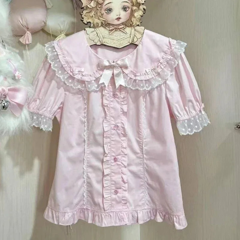 Japanese Kawaii Lolita Shirts Women Sweet Ruffles Puff Short Sleeve Slim Blouses Female Y2K Lace Bow Cute Tops Blusas