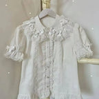 Japanese Kawaii Lolita Shirts Women Sweet Ruffles Puff Short Sleeve Slim Blouses Female Y2K Lace Bow Cute Tops Blusas
