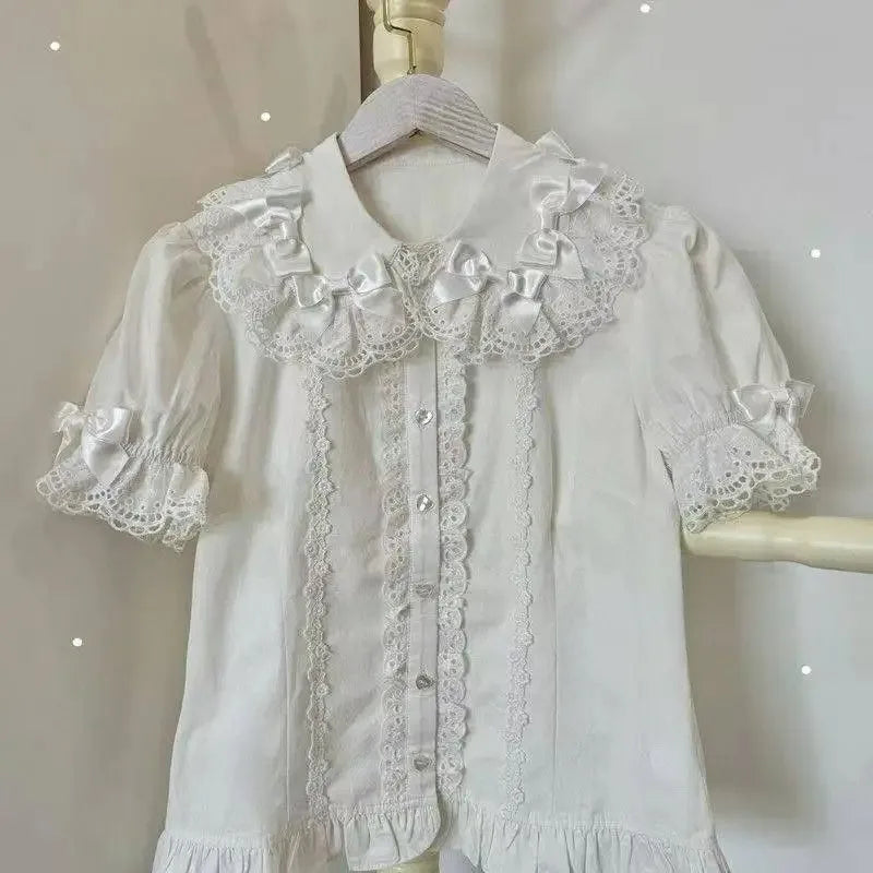 Japanese Kawaii Lolita Shirts Women Sweet Ruffles Puff Short Sleeve Slim Blouses Female Y2K Lace Bow Cute Tops Blusas