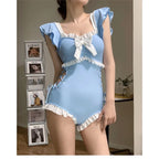 Sweet Light Blue Ruffle Sleeve One Piece Swimsuit with Bow Front Lace Up Side Frill Trim Modest Swimwear for Beach Pool