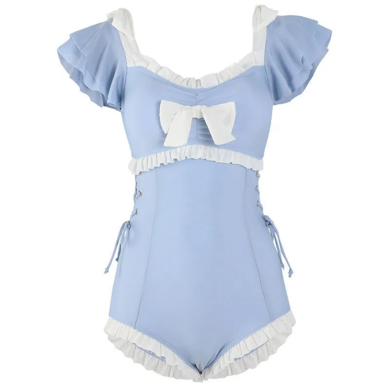 Sweet Light Blue Ruffle Sleeve One Piece Swimsuit with Bow Front Lace Up Side Frill Trim Modest Swimwear for Beach Pool