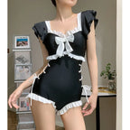 Sweet Light Blue Ruffle Sleeve One Piece Swimsuit with Bow Front Lace Up Side Frill Trim Modest Swimwear for Beach Pool
