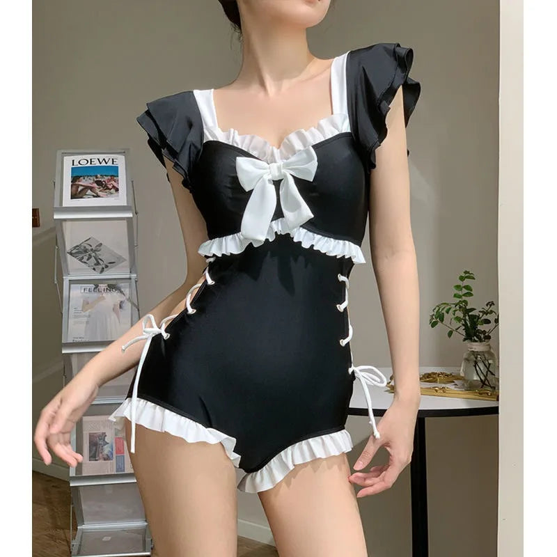 Sweet Light Blue Ruffle Sleeve One Piece Swimsuit with Bow Front Lace Up Side Frill Trim Modest Swimwear for Beach Pool
