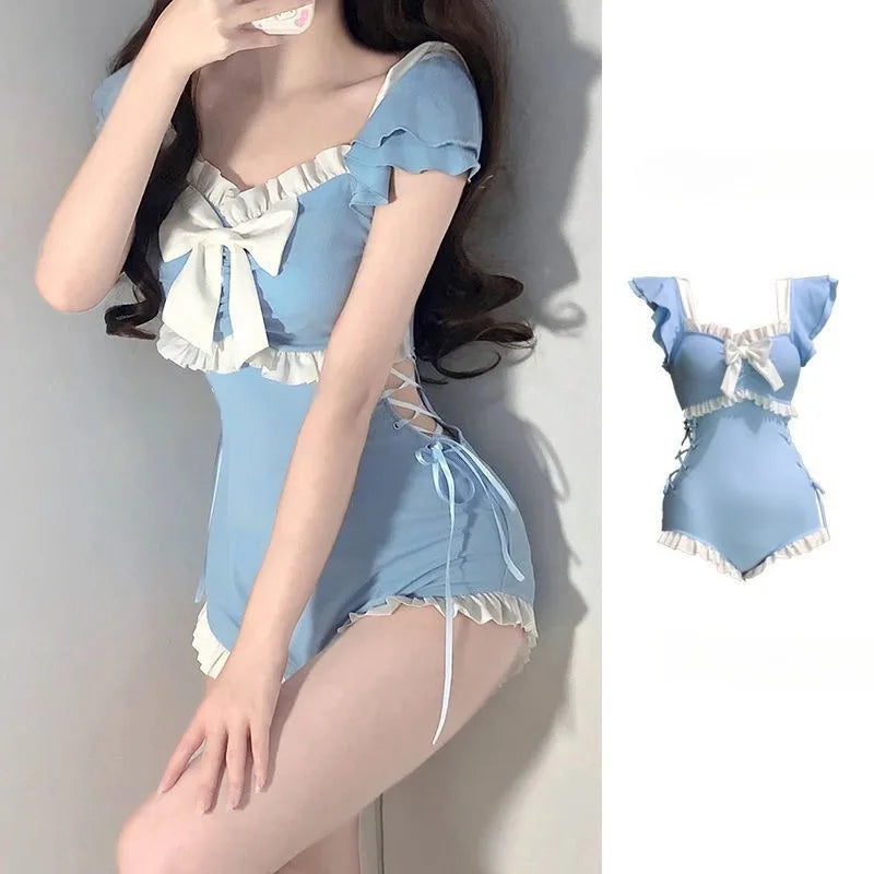 Sweet Light Blue Ruffle Sleeve One Piece Swimsuit with Bow Front Lace Up Side Frill Trim Modest Swimwear for Beach Pool