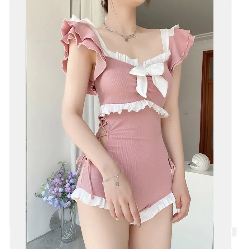 Sweet Light Blue Ruffle Sleeve One Piece Swimsuit with Bow Front Lace Up Side Frill Trim Modest Swimwear for Beach Pool