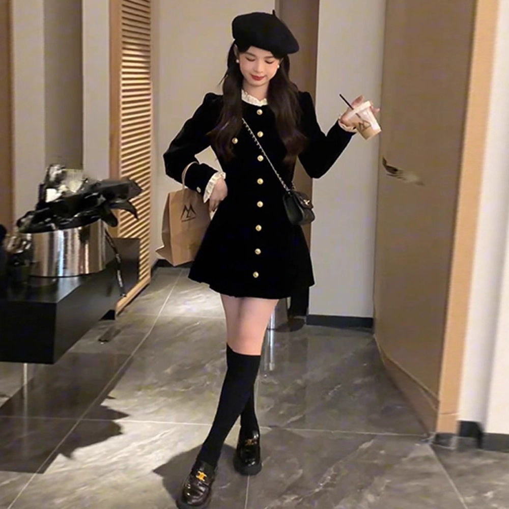 French-Style Hepburn-Inspired Black Dress with Ruffles for Women Early Autumn 2025 New Elegant Waist-Cinching Short