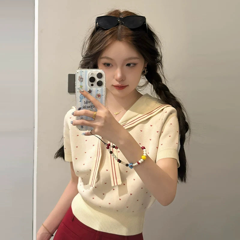 Korean Collegiate Sailor-Neck Knit Top - kawaii-inspired outfit in pastel colors - 23326964