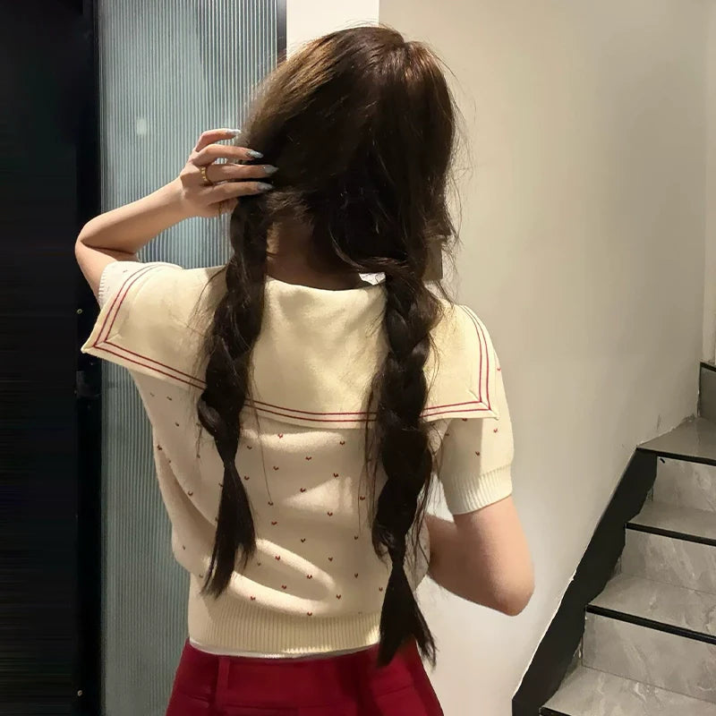 Korean Collegiate Sailor-Neck Knit Top - kawaii-inspired outfit in pastel colors - 16982230