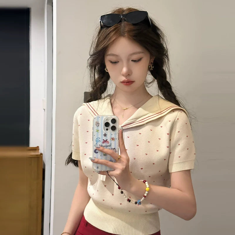 Korean Collegiate Sailor-Neck Knit Top - kawaii-inspired outfit in pastel colors - 90065678