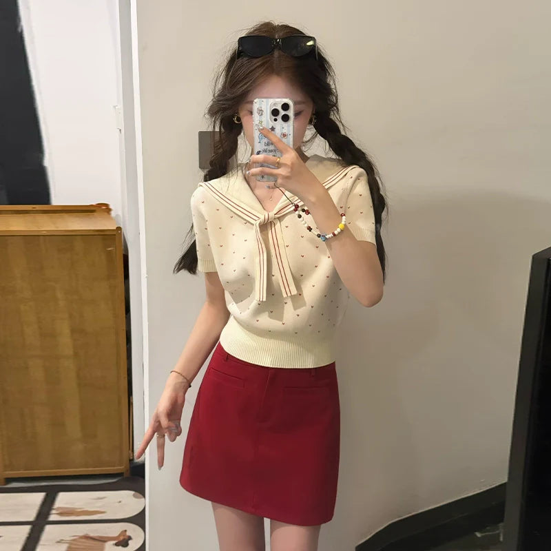 Korean Collegiate Sailor-Neck Knit Top - kawaii-inspired outfit in pastel colors - 11891294